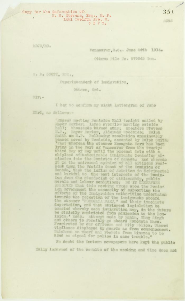 Copy of letter from Reid to W. D. Scott, a report of Dominion Hall resolution (see p. 350). Page 1-2