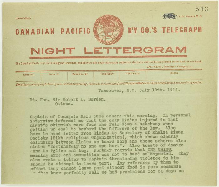 Copy of telegram from Stevens to R. L. Borden re skirmishes