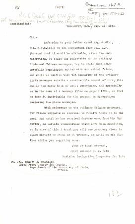 [Malcolm R. J. Reid, Dominion Immigration Agent, to Ernest J. Chambers, Chief Press Censor for Canada, re telegrams to or from Chinese National Reform Association or League and to or from any Hindu. Copy]