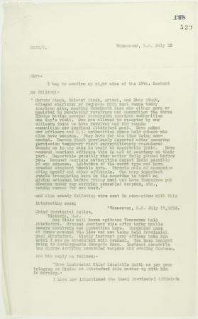 Copy of letter from Reid to W. D. Scott confirming telegrams re purchase of revolvers by Hindus. Page 1-2