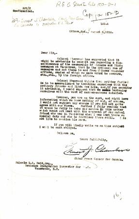 [Ernest J. Chambers, Chief Press Censor for Canada, to Malcolm R. J. Reid, Dominion Immigration Agent, re telegrams to or from Chinese National Reform Association or League and to or from any Hindu. Copy]