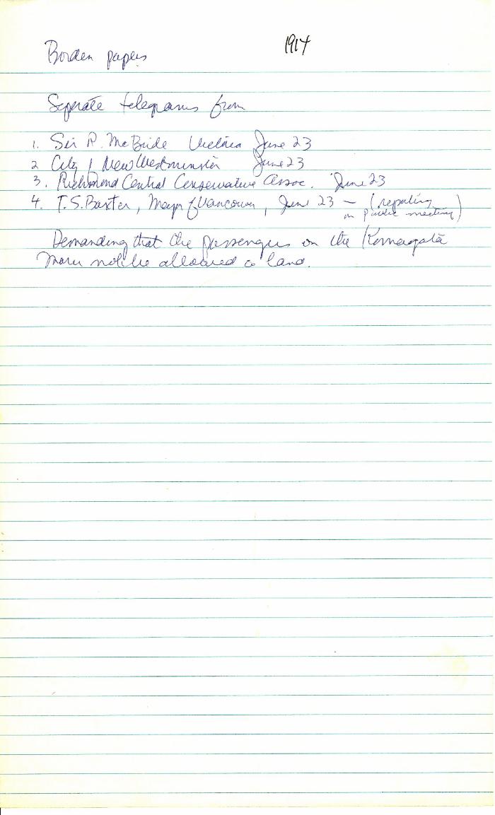 [List of telegrams found in Library and Archives Canada, Borden Papers, re demands that the passengers on the Komagata Maru not be allowed to land. Hugh Johnston's notes]