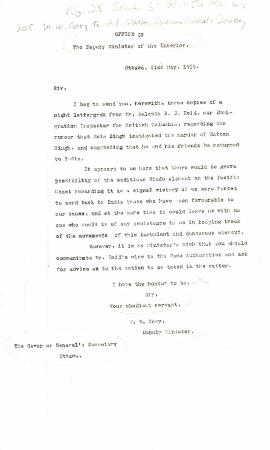 [William W. Cory, Deputy Minister of the Interior, to Arthur F. Sladen, Private Secretary to the Governor General, re how to deal with Bela Singh. Copy]
