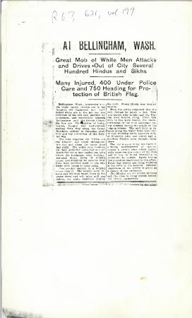 Newsclipping: At Bellingham, Wash., Great mob of white men attacks and drives out of city several hundred Hindus and Sikhs