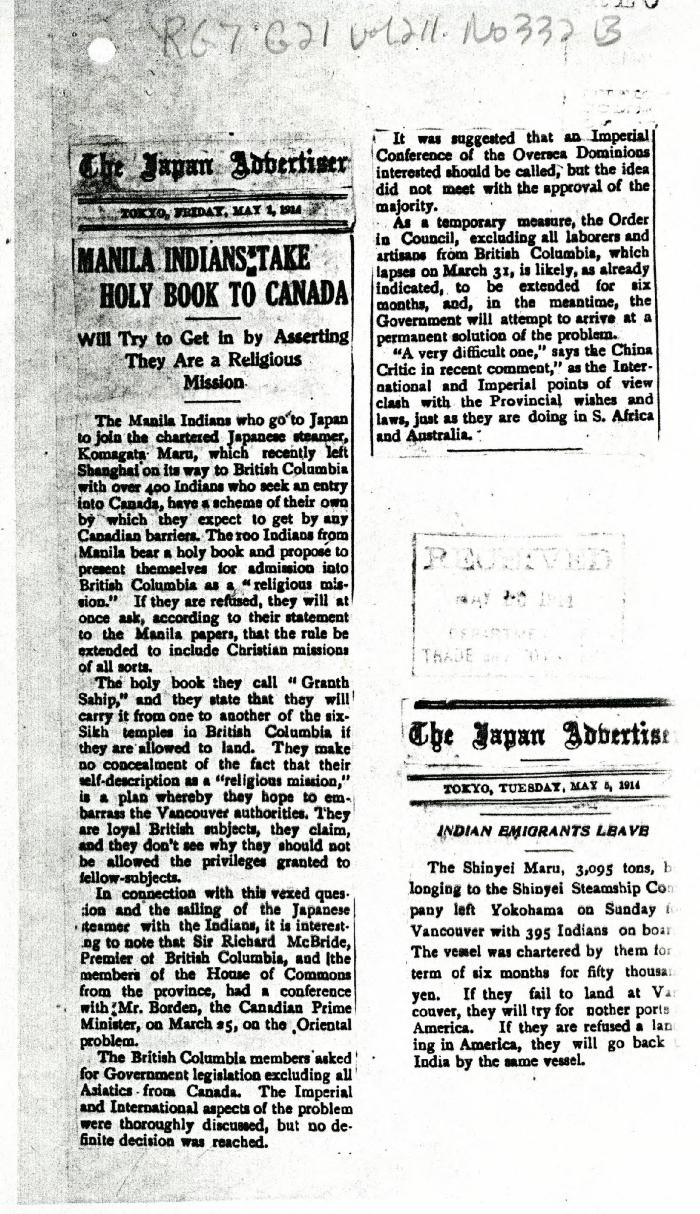 Newsclipping - Japan Advertiser: Manila Indians take holy book to Canada; Indian emigrants leave