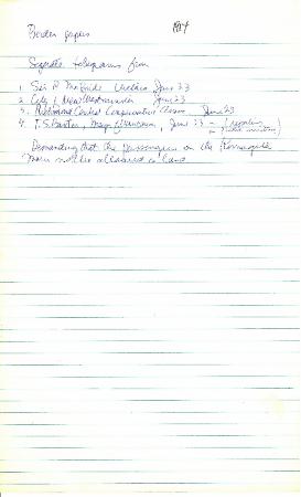 [List of telegrams found in Library and Archives Canada, Borden Papers, re demands that the passengers on the Komagata Maru not be allowed to land. Hugh Johnston's notes]
