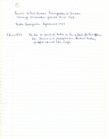 Resume of East Indian immigration to Canada showing concessions granted since 1945 [Hugh Johnston's notes]