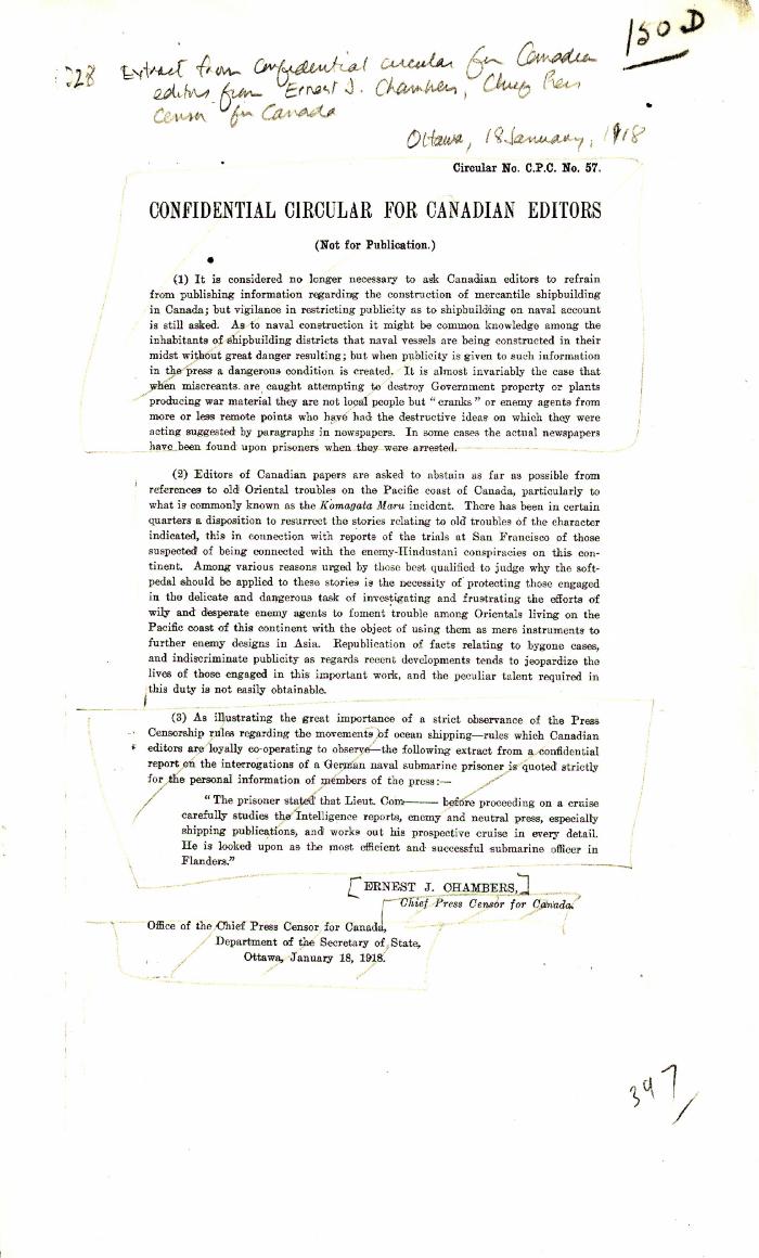 Confidential Circular for Canadian Editors [from Ernest J. Chambers, Chief Press Censor for Canada, re abstain from references to old Oriental troubles on Pacific coast, particularly Komagata Maru incident]