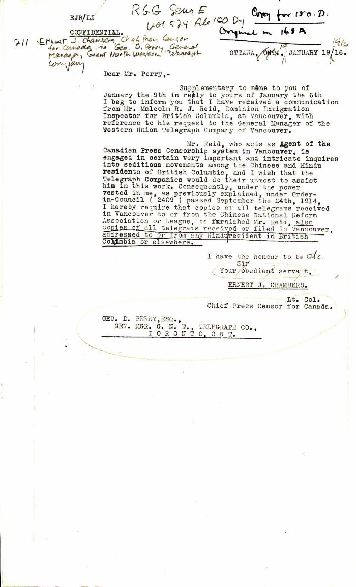 [Ernest J. Chambers, Chief Press Censor for Canada, to George D. Perry, General Manager, Great North Western Telegraph Company, re telegrams to or from Chinese National Reform Association or League and to or from any Hindu. Copy]