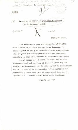 Paraphrase of cypher telegram from Mr. Harcourt to the Governor General [Lewis Harcourt, Secretary of State for the Colonies, to Governor General, Duke of Connaught, re compensation for Hopkinson's family. Copy]