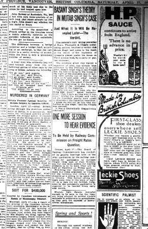 Newsclipping - Vancouver Daily Province: Basant Singh's theory in Mutab Singh's case. Page 6