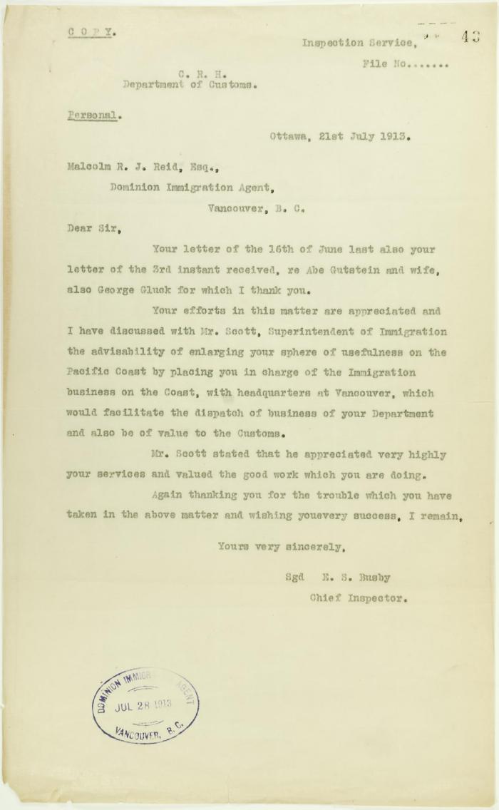Copy of letter from E. S. Busby, Dept. of Customs, to Malcolm Reid, commending his work (see p. 42)
