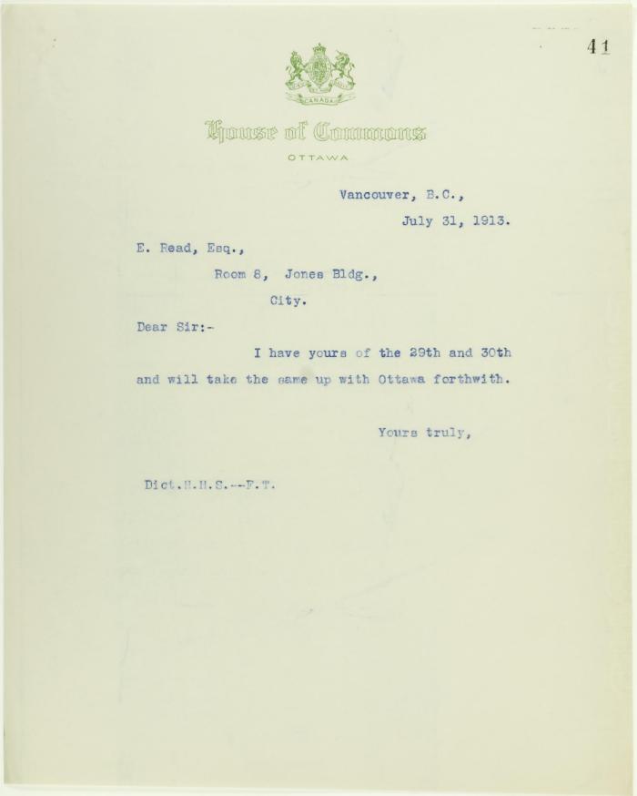 Copy of letter from H. H. Stevens to E. Read