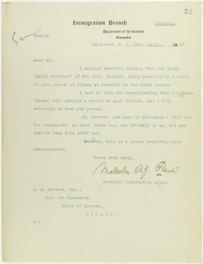 Letter from Malcolm Reid, Dominion Immigration Agent, to H. H. Stevens re newspaper publicity