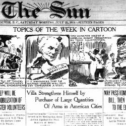 Newsclipping - Vancouver Sun: Topics of the week in cartoon [Editorial cartoon - The battle of 'chuck-a-chunk,' Vancouver's first naval engagement]. Page 1