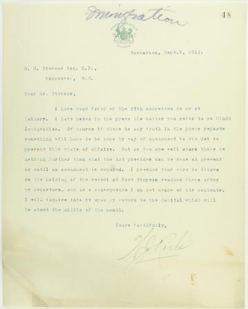 Letter from Dr. Roche to Stevens re amendments to Immigration Act