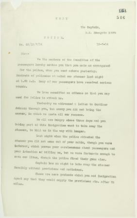 Copy of letter from committee of passengers to Capt. Yamamota re his arrangement with Vancouver police. Page 1-2