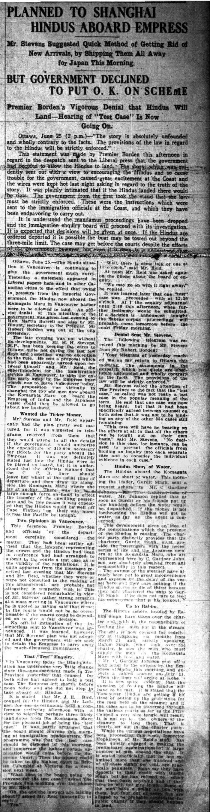 Newsclipping - Vancouver Daily Province: Planned to shanghai Hindus aboard Empress. Page 1