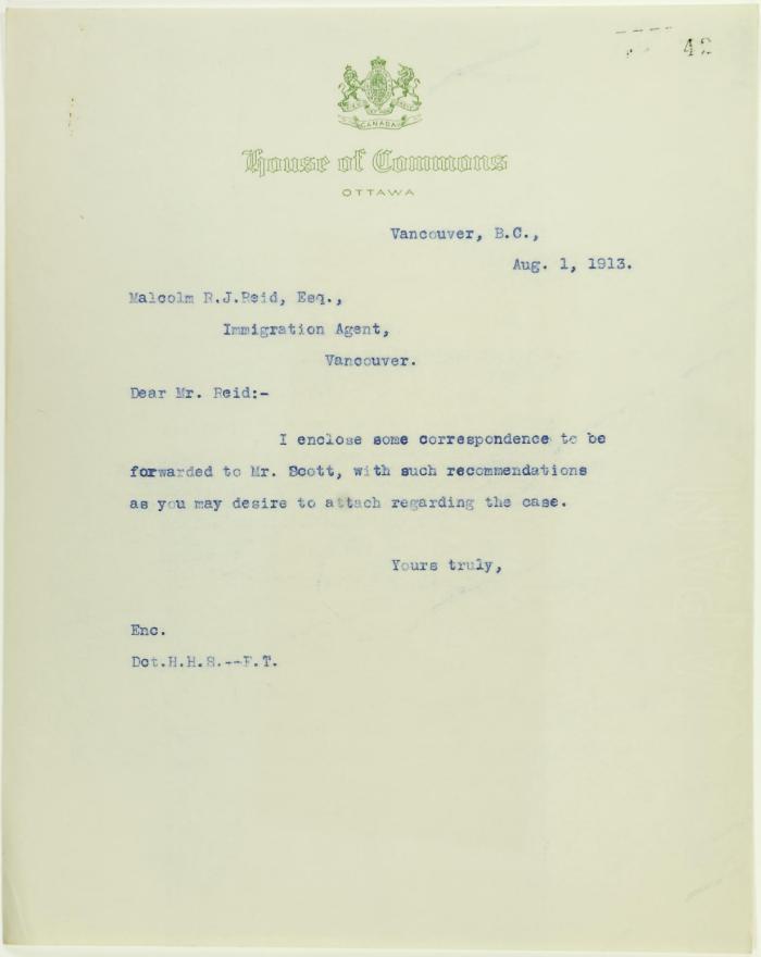 Copy of letter from Stevens to Malcolm Reid, enclosing correspondence to be forwarded to W. D. Scott