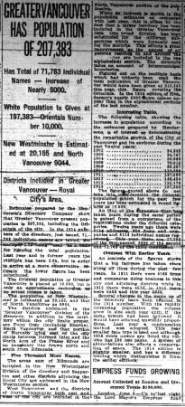 Newsclipping - Vancouver Daily Province: Greater Vancouver has population of 207,383