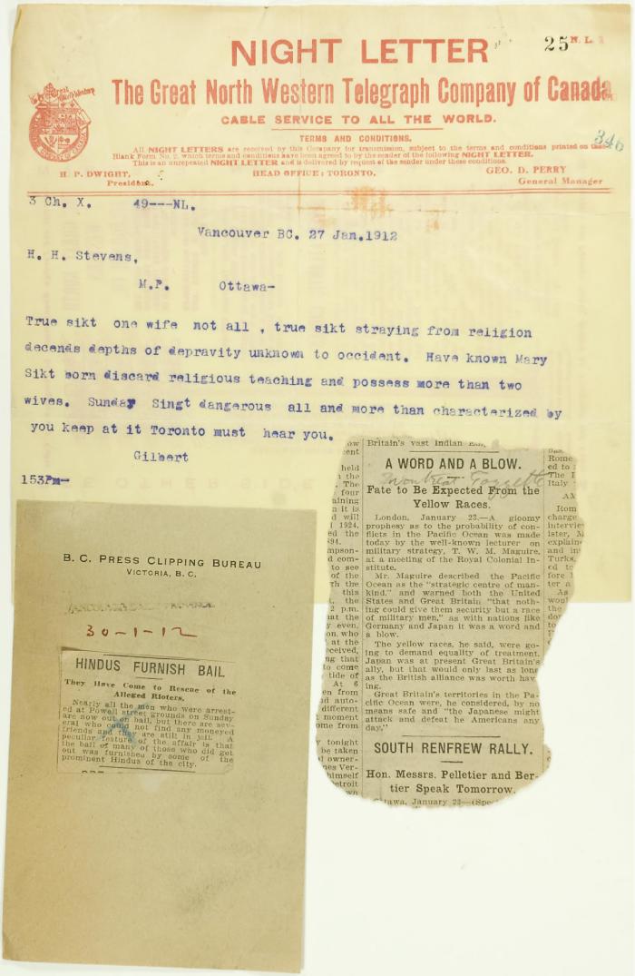 Telegram from Gilbert to H. H. Stevens re Sikh threat, plus two newspaper cuttings