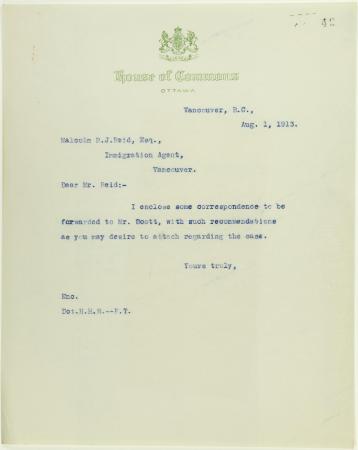 Copy of letter from Stevens to Malcolm Reid, enclosing correspondence to be forwarded to W. D. Scott