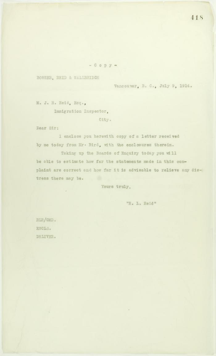 Copy of letter from Bowser Reid and Wallbridge to Reid, to enclose letter from J. E. Bird