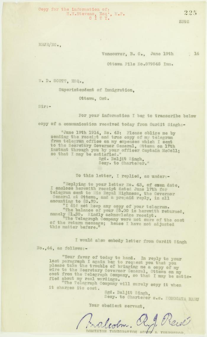 Copy of Communications received by Reid from Gurdit Singh, sent to W. D. Scott