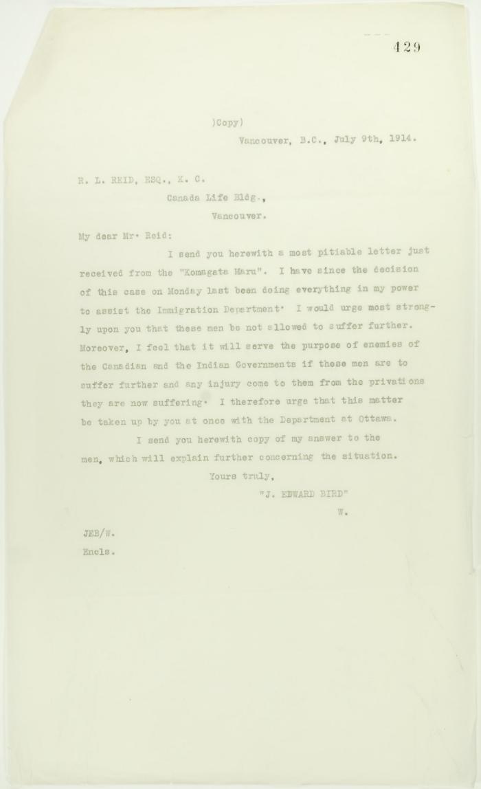 Copy of letter from J. E. Bird to R. L. Reid re p. 427