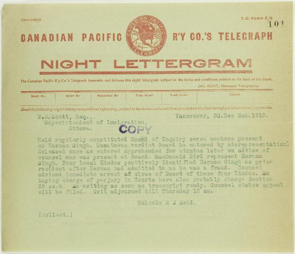 Telegram from Malcolm Reid to W. D. Scott (see p. 98)