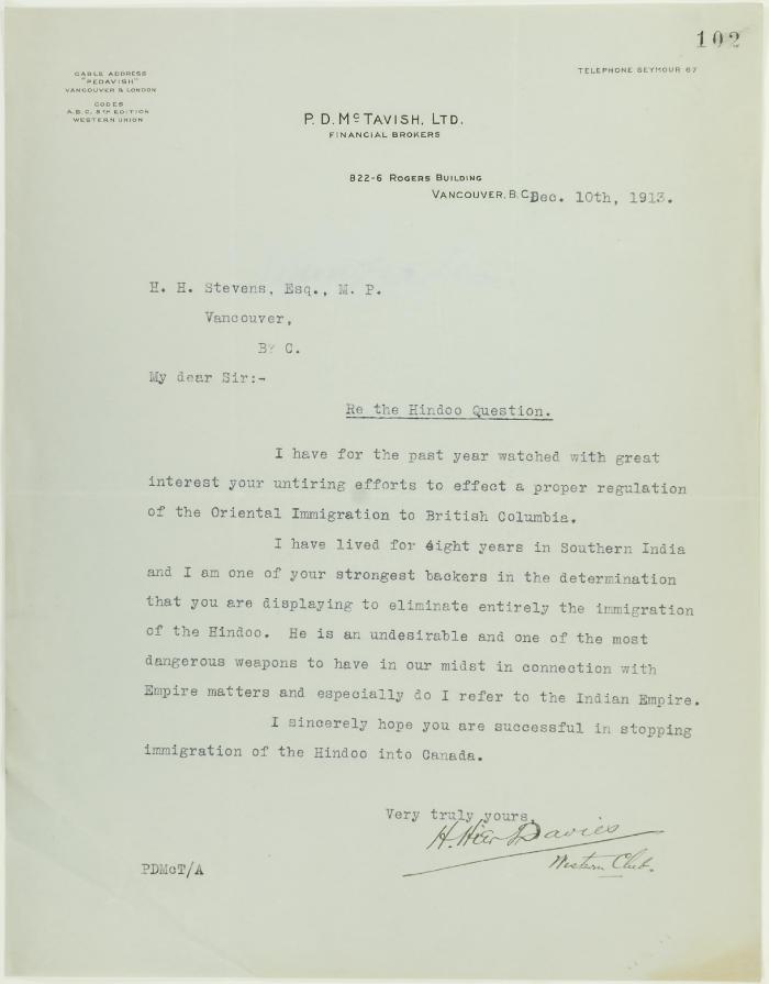 Letter from H. H. Davies, Western Club, to Stevens endorsing discrimination against the Hindu