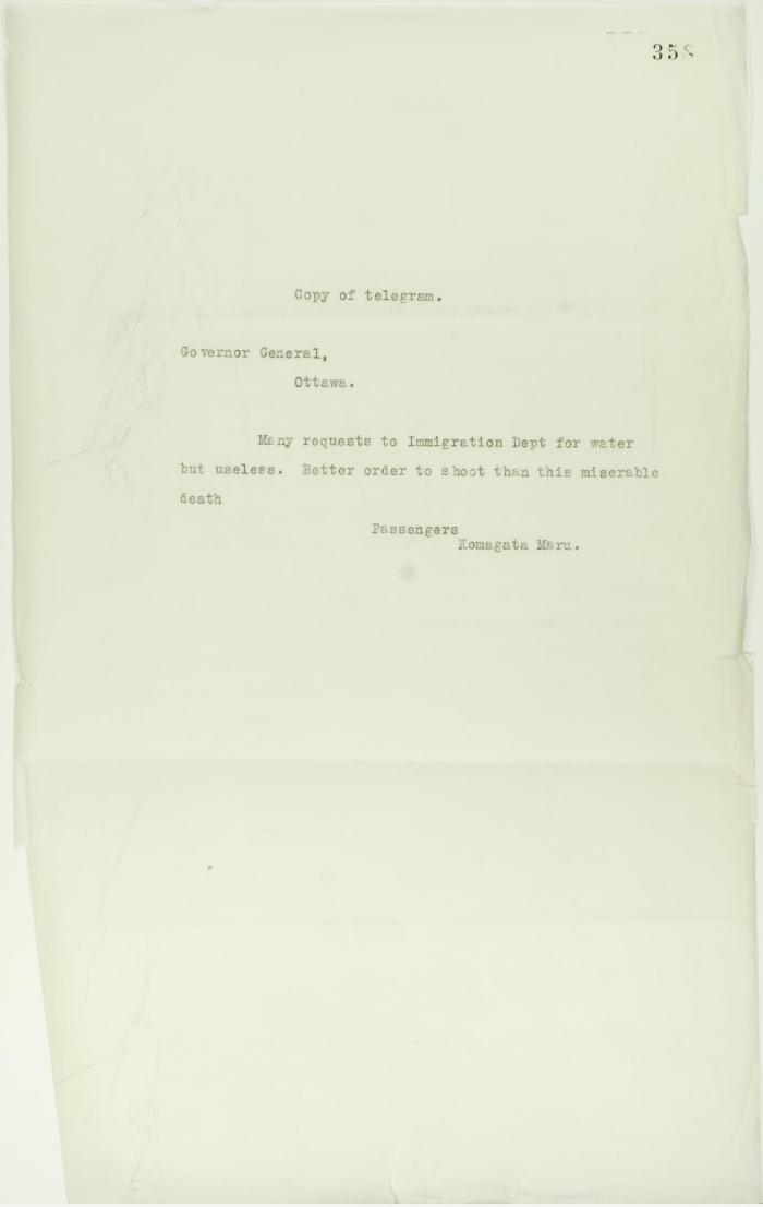 Copy of telegram, signed Passengers, sent to Governor General re shortage of water
