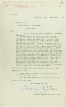 Copy of letter from Reid to W. D. Scott re money deposited with Gurdit Singh, and preparations to escort Komagatu Maru out of the port