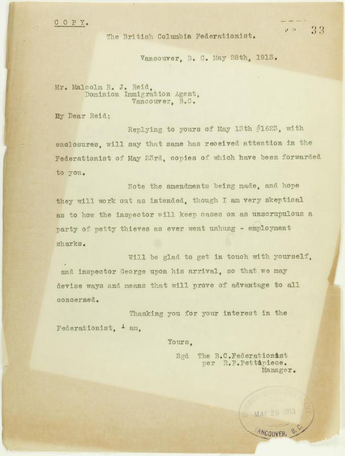 Copy of letter from The B.C. Federationist per R. P. Pettipiece re control of immigration