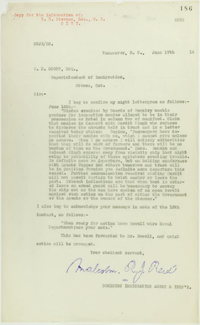 Copy of letter from Reid to W. D. Scott re money deposited with Gurdit Singh, and preparations to escort Komagatu Maru out of the port