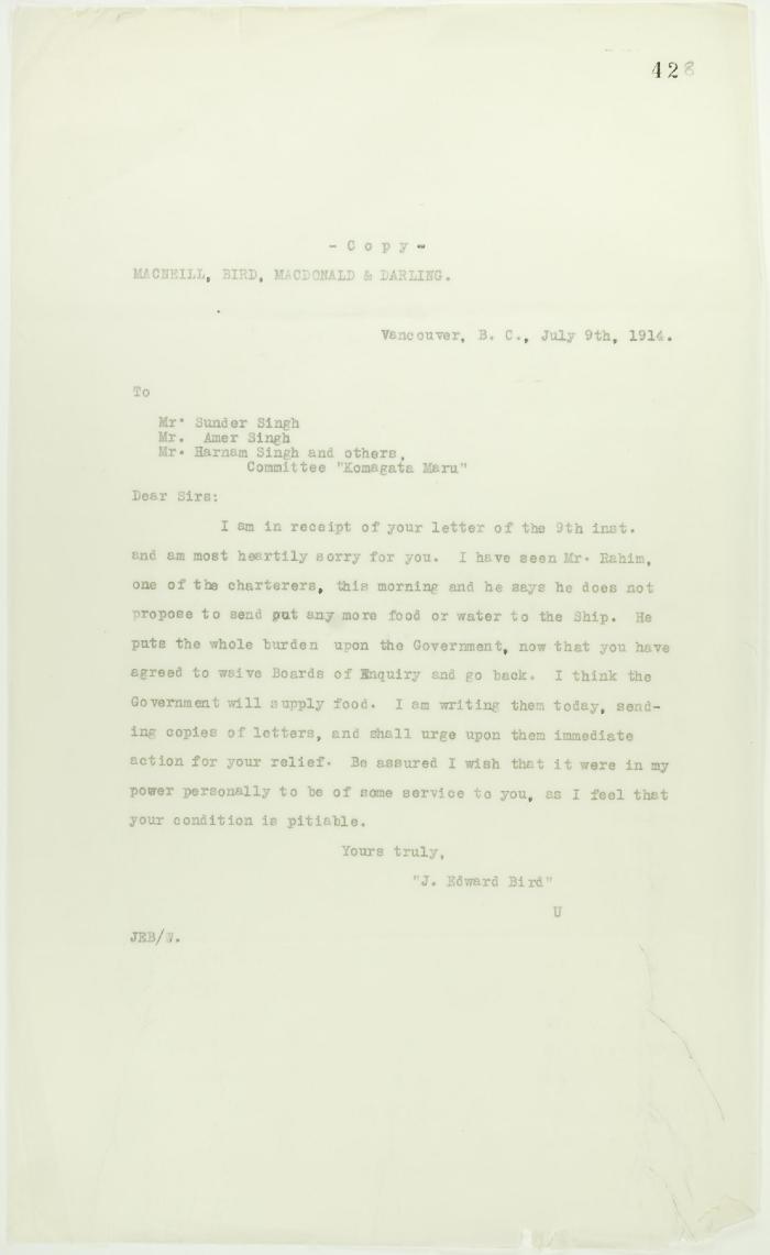 Copy of reply from J. E. Bird to passengers (see p. 427)