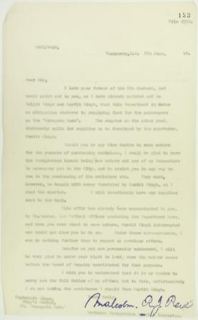 Copy of letter from Reid to Raghunath Singh, Ship's doctor, S. S. Komagatu Maru, re supplying of food and medicine