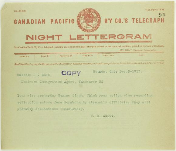 Telegram from W. D. Scott to Malcolm Reid (see p. 98)