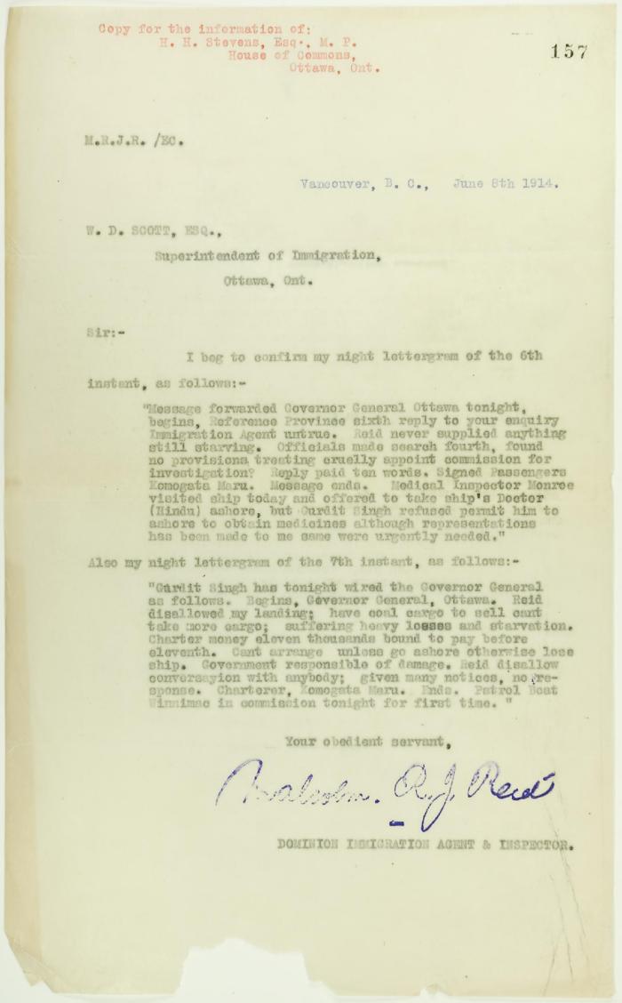 Copy of letter from Reid to W. D. Scott (see p. 149)