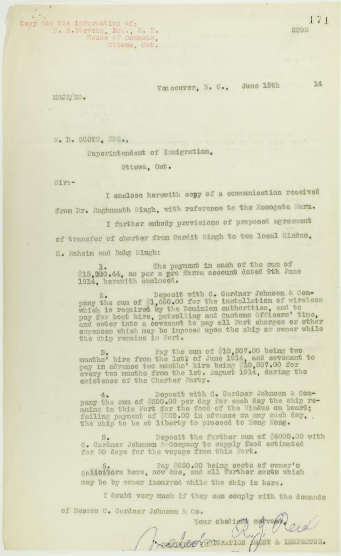 Copy of letter from Reid to W. D. Scott re transfer of charter from Gurdit Singh to two local Hindus