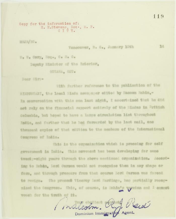 Copy of letter from Malcolm Reid to the deputy Minister of the Interior re publication of the 'Hindustani,' and its connection with the International Congress of India