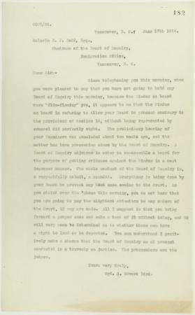Copy of letter from J. E. Bird to Reid, criticising conduct of Board of Enquiry
