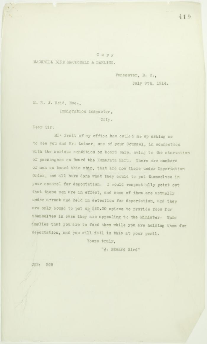 Copy of letter from J. E. Bird to Reid re provisions