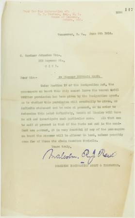 Copy of letter from Malcolm Reid to C. Gardner Johnston re possibility of Hindus being permitted to land