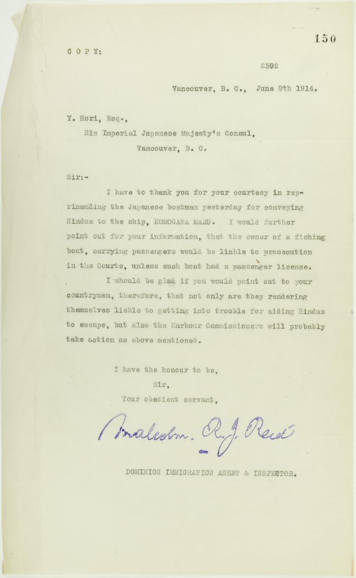 Copy of letter from Reid to the Japanese Consul, to thank him for reprimanding Japanese boatman who conveyed Hindus to the Komagata Maru