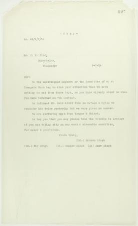 Copy of letter from passengers to J. E. Bird re hunger and thirst