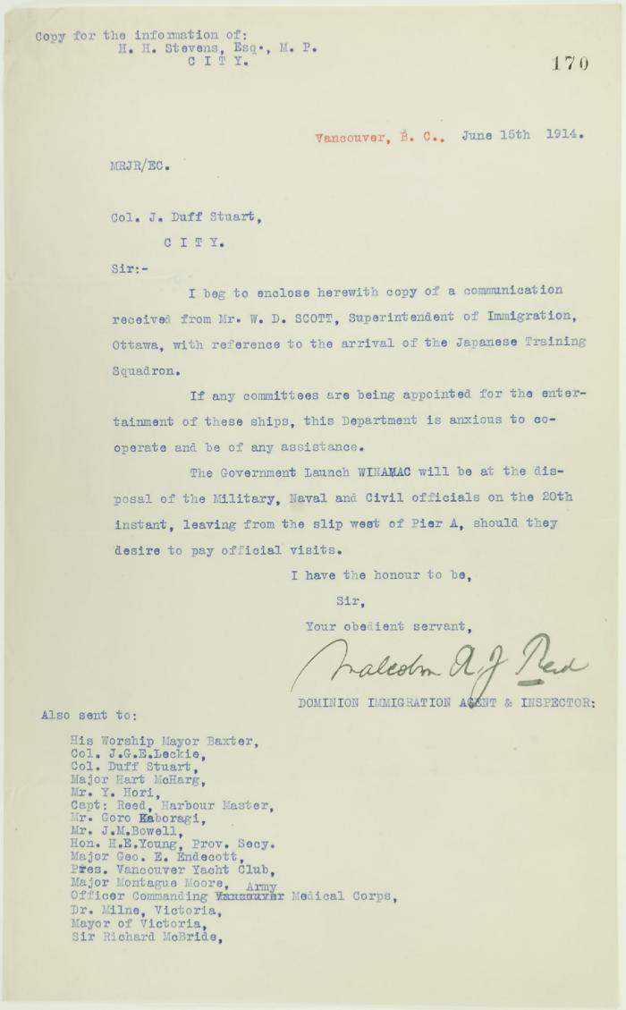 Copy of letter from Reid to Col. J. Duff Stuart re entertainment of the Japanese Training Squadron (see pp. 136b-136c)