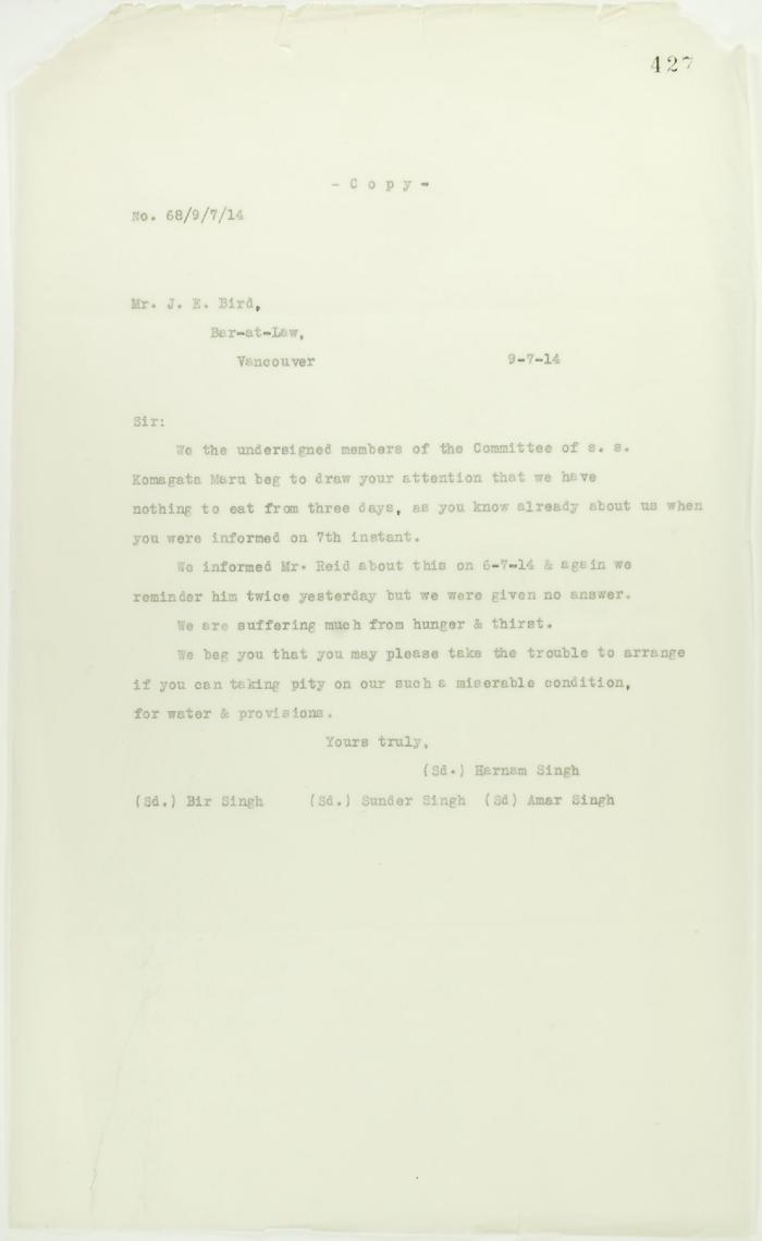 Copy of letter from passengers to J. E. Bird re hunger and thirst