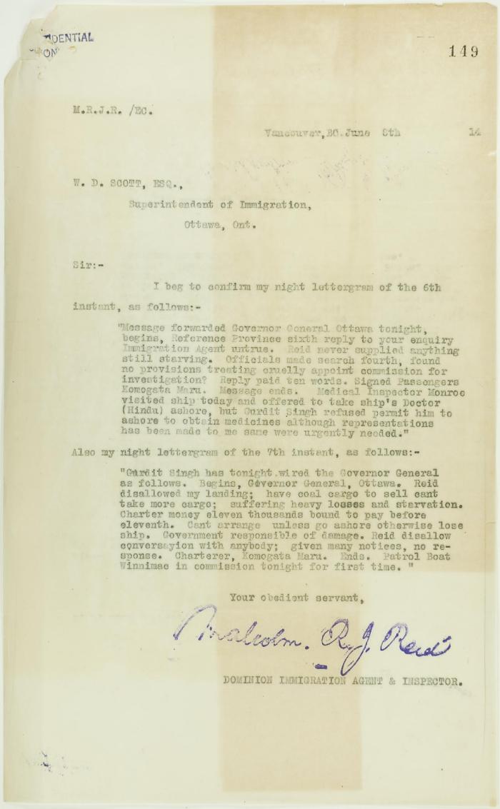 Copy of letter from Reid to W. D. Scott re allegations made by Daljit Singh