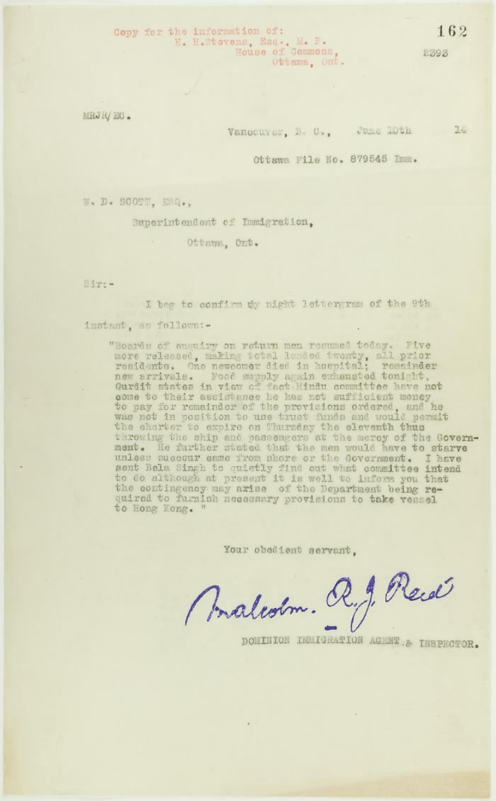 Copy of letter from Reid to W. D. Scott re landing of prior residents